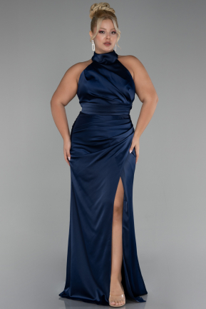 Navy Blue Halter Neckline Slit Satin Plus Size Evening Dress ABU4110