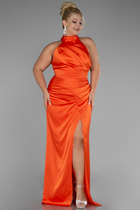 Orange Halter Neckline Slit Satin Plus Size Evening Dress ABU4110