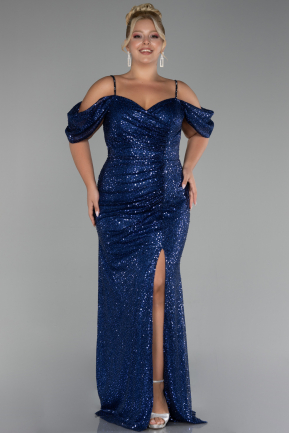 Navy Blue Boat Neck Slit Sequined Long Evening Gown ABU4102