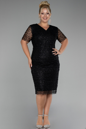 Black Short Sleeve Stone Midi Plus Size Evening Dress ABK2116