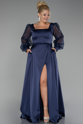 Navy Blue Sequined Long Sleeve Slit Satin Evening Dress ABU4124