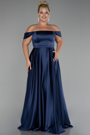 Navy Blue Boat Neck Long Satin Plus Size Prom Dress ABU4125