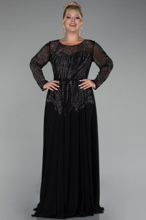 Black Stoned Long Sleeve Plus Size Evening Gown ABU3925