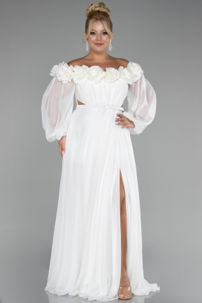 White Boat Neck Long Sleeve Plus Size Chiffon Prom Gown ABU4131