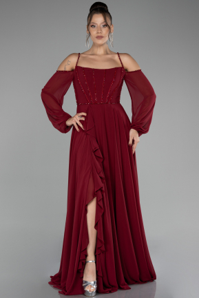 Burgundy Long Chiffon Slit Evening Dress ABU3914