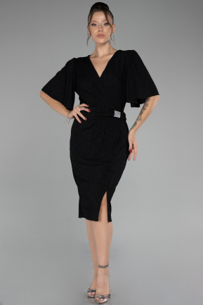 Black Short Sleeve Glitter Midi Plus Size Cocktail Dress ABK2115