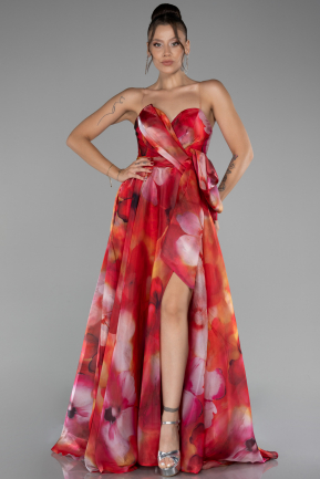 Red Strapless Slit Long Satin Printed Prom Gown ABU4157