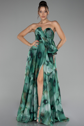 Green Strapless Slit Long Satin Printed Prom Gown ABU4157