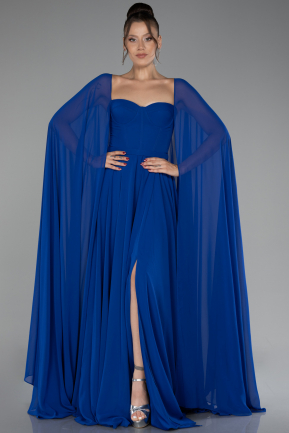 Sax Blue Strapless Shawl Sleeve Long Chiffon Evening Dress ABU4158