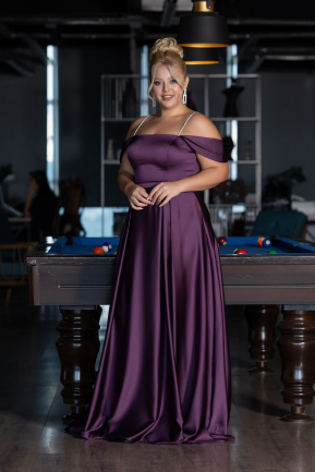 Purple Boat Neck Long Satin Plus Size Prom Dress ABU4125