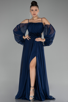 Lacivert Shoulder Decollete Long Sleeve Chiffon Prom Dress ABU4165