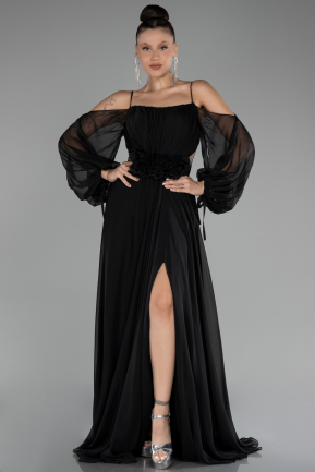 Siyah Shoulder Decollete Long Sleeve Chiffon Prom Dress ABU4165