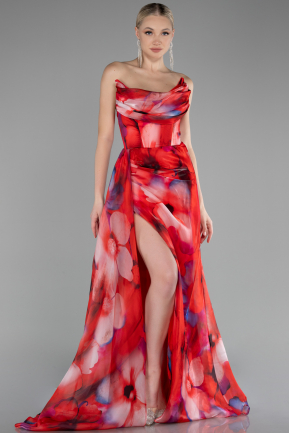 Red Strapless Slit Long Printed Satin Prom Dress ABU4169