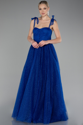 Sax Blue Strappy Long Glitter Ball Gown ABU4172