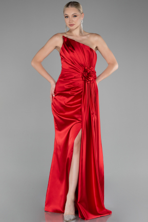 Red Strapless Slit Long Satin Evening Dress ABU4174