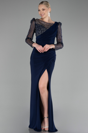 Navy Blue Stoned Long Sleeve Slit Evening Gown ABU4117