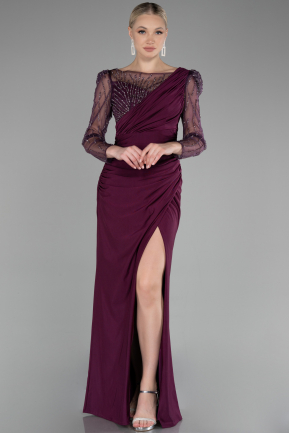 Cherry Colored Stoned Long Sleeve Slit Evening Gown ABU4117