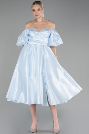 Light Blue Boat Neck Midi Taffeta Evening Dress ABK2127