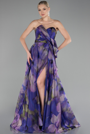 Purple Strapless Slit Long Satin Printed Prom Gown ABU4157