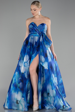 Sax Blue Strapless Slit Long Satin Printed Prom Gown ABU4157