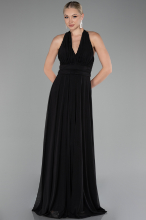 Black Halter Neck Long Chiffon Evening Dress ABU4188