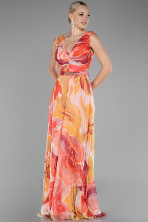 Peach Sleeveless V Neck Long Patterned Chiffon Prom Dress ABU4180