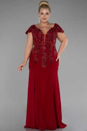 Burgundy Short Sleeve Embroidered Long Plus Size Evening Gown ABU4191