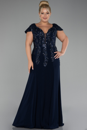 Navy Blue Short Sleeve Embroidered Long Plus Size Evening Gown ABU4191