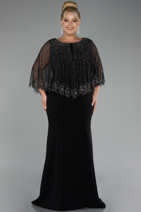 Black Stoned Shawly Sleeve Long Plus Size Evening Gown ABU4193