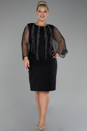 Black Stoned Shawl Sleeve Midi Plus Size Invitation Dress ABK2126