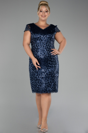 Navy Blue Short Sleeve Midi Scaly Plus Size Cocktail Dress ABK2132