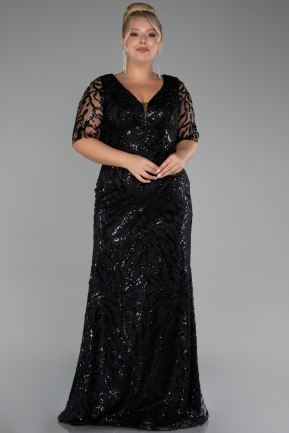 Black Short Sleeve Long Scaly Plus Size Evening Gown ABU4201