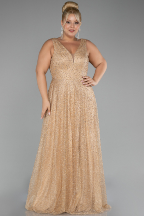 Gold Sleevess Stony Long Plus Size Special Design Evening Dress ABU4147