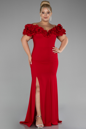 Red Boat Neck Slit Long Plus Size Evening Dress ABU4081