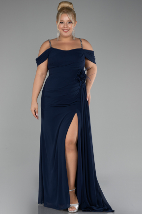 Navy Blue Slit Long Chiffon Plus Size Evening Dress ABU4195