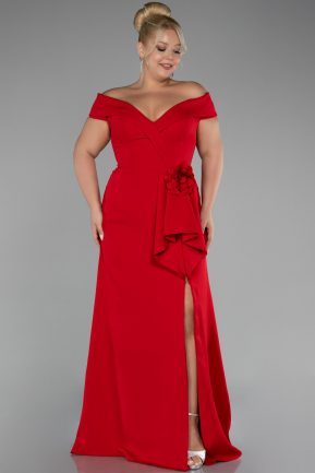 Red Boat Neck Slit Long Plus Size Evening Dress ABU4200