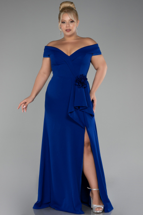 Sax Blue Boat Neck Slit Long Plus Size Evening Dress ABU4200