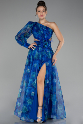 Sax Blue One Sleeve Slit Long Patterned Prom Gown ABU4206