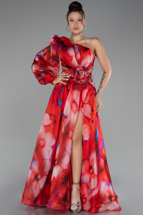 Red One Sleeve Slit Long Satin Patterned Prom Gown ABU4208