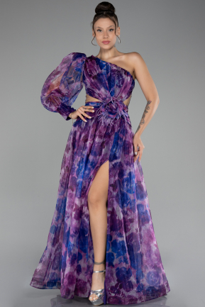 Violet One Sleeve Slit Long Patterned Prom Gown ABU4206