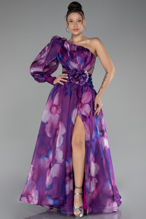 Purple One Sleeve Slit Long Satin Patterned Prom Gown ABU4208