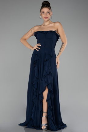 Navy Blue Strapless Slit Long Chiffon Prom Dress ABU4214