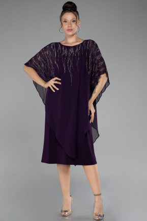 Dark Purple Stoned Short Sleeve Chiffon Midi Plus Size Evening Dress ABK2133