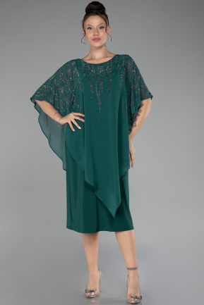 Emerald Green Stoned Short Sleeve Chiffon Midi Plus Size Evening Dress ABK2133