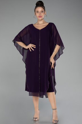 Dark Purple Short Sleeve Chiffon Midi Plus Size Evening Dress ABK2134