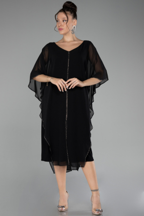 Black Short Sleeve Chiffon Midi Plus Size Evening Dress ABK2134