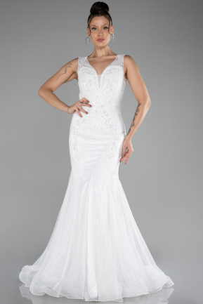 White Sleeveless Stoned Long Evening Gown ABU4170