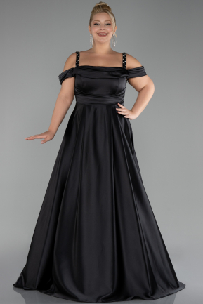 Black Strappy Long Satin Plus Size Engagement Dress ABU4207