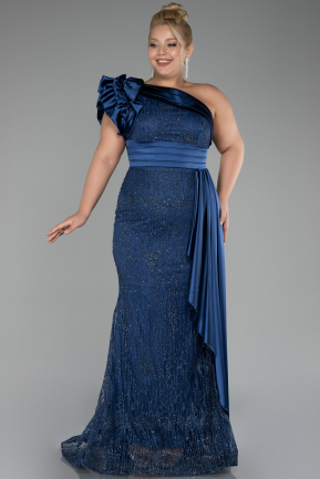 Navy Blue One Shoulder Glitter Long Plus Size Evening Gown ABU4060