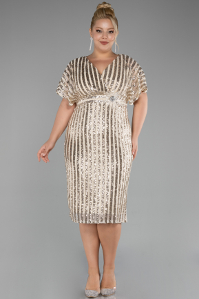 Gold Short Sleeve Scaly Midi Plus Size Cocktail Dress ABK2104